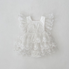 2025 Summer Infant Baby Kids Girls Floral Pattern Mesh Patchwork Fly Sleeves Onesies Wholesale