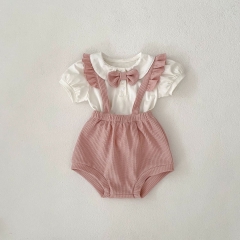 2025 Summer Infant Baby Girls Short Sleeves Butterfly-Bows Collar T-shirt With Pink Onesies Sets Wholesale