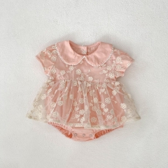 2025 Summer Infant Baby Kids Girls Floral Pattern Mesh Patchwork Short Sleeves Dress Wholesale