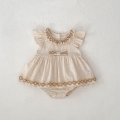 2025 Summer Infant Baby Kids Girls Fly Sleeves Floral Pattern Lace Trim Dress Wholesale