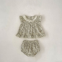 2025 Summer Infant Baby Girls Fly Sleeves Floral Printed Top With Bloomers Sets Wholesale