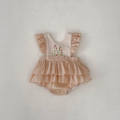 2025 Summer Infant Baby Kids Girls Flowers Pattern Embroidery Fly Sleeves Onesies Wholesale