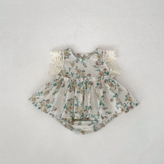 2025 Summer Infant Baby Kids Girls Lace Fly Sleeves Floral Pattern Dress Wholesale