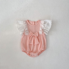 2025 Summer Infant Baby Kids Girls Flowers Pattern Embroidery Fly Sleeves Color Patchwork Onesies Wholesale