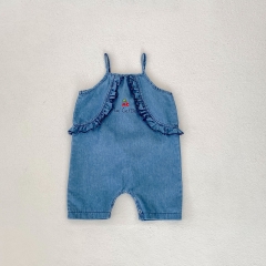 2025 Summer Infant Baby Kids Girls Sleeveless Blue Denim Cherry Pattern Rompers Overalls Wholesale