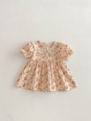 2025 Summer Infant Baby Girls Teddy Bear and Flowers Pattern Dress Wholesale