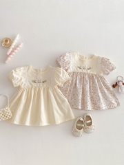 2025 Summer Infant Baby Girls Flowers and Rabbits Pattern Short Sleeves Dress Wholesale