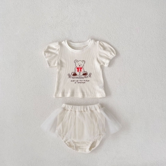 2025 Summer Infant Baby Girls Short Sleeves Teddy Pattern T-shirt With Bloomers Sets Wholesale