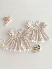 2025 Summer Infant Baby Girls Flowers Pattern Short Sleeves Dress with Collar Wholesale
