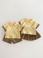 2025 Summer Infant Baby Kids Short Sleeves Preppy Top With Plaid Shorts/Skirt Sets Wholesale