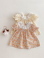2025 Summer Infant Baby Girls Flowers Pattern Short Sleeves Dress with Collar Wholesale