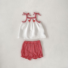 2025 Summer Infant Baby Girls Sleeveless Birds Pattern Embroidered Vest With Bloomers Sets Wholesale
