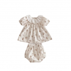 2025 Summer Infant Baby Girls Short Sleeves Floral Pattern Dress With Bloomers Sets Wholesale