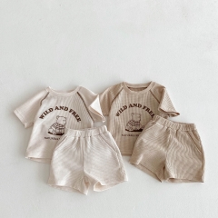 2025 Summer Infant Baby Kids Short Sleeves Waffle Grid Cartoon Top With Plain Shorts Sets Wholesale