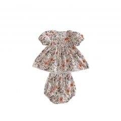 2025 Summer Infant Baby Girls Short Sleeves Floral Pattern Dress With Bloomers Sets Wholesale