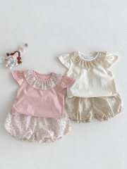 2025 Summer Infant Baby Girls Fly Sleeves Flowers Pattern Collar Top and Floral Shorts Sets Wholesale