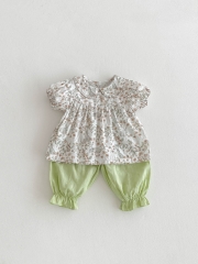 2025 Summer Infant Baby Girls Short Sleeves Flowers Pattern Dress and Green Shorts Sets Wholesale