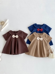 2025 Summer Infant Baby Girls Short Sleeves Preppy Butterfly Bow Decorated Dress Wholesale