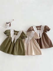 2025 Summer Infant Baby Girls Short Sleeves Floral Pattern Color Patchwork Collar Dress Wholesale