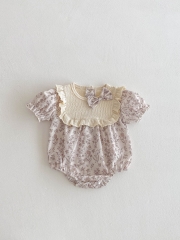 2025 Summer Infant Baby Girls Short Sleeves Flowers Pattern Color Patchwork Onesies Wholesale