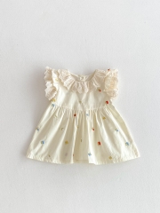 2025 Summer Infant Baby Girls Fly Sleeves Fruits Pattern Embroidered Dress Wholesale