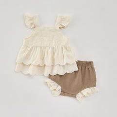 2025 Summer Infant Baby Girls Sleeveless Flowers Pattern Embroidery Top and Bloomers Sets Wholesale