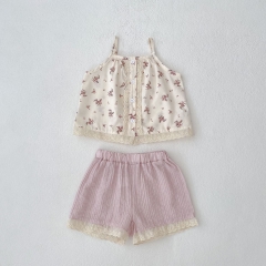 2025 Summer Infant Baby Girls Sleeveless Floral Pattern Printed Top Vest and Shorts Sets Wholesale