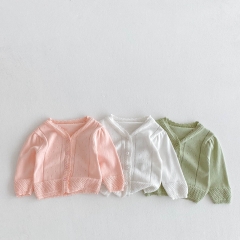 New Arrival Spring and Summer Infant Baby Girls Solid Color Long Sleeves Single Breasted Thin Knitted Cardigan Wholesale