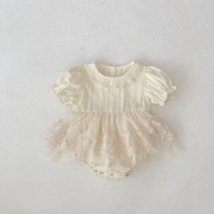 2025 Summer Infant Baby Kids Girls Short Sleeves Floral Embrodiery Pattern Tulle Patchwork Dress Wholesale