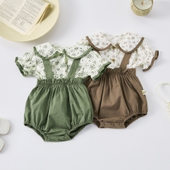 2025 Summer Infant Baby Kids Short Sleeves Floral Top With Solid Color Onesies Overalls Sets Wholesale