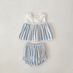 2025 Summer Infant Baby Girls Sleeveless Striped Top Dress and Bloomers Sets Wholesale