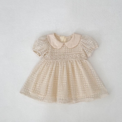 2025 Summer Infant Baby Girls Short Sleeves Solid Color Geometric Pattern Dress Wholesale