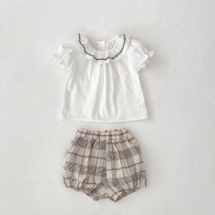 2025 Summer Infant Baby Girls Short Sleeves Top and Plaid Bloomers Sets Wholesale