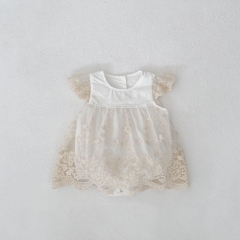 2025 Summer Infant Baby Kids Girls Fly Sleeves Floral Embrodiery Pattern Tulle Patchwork Dress Wholesale