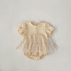 2025 Summer Infant Baby Kids Girls Short Sleeves Floral Jacquard Pattern Tulle Patchwork Dress Wholesale