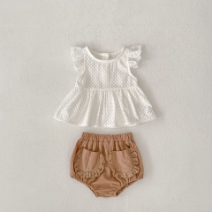 2025 Summer Infant Baby Girls Fly Sleeves Solid Color Geometric Jacquard Pattern Top With Bloomers Sets Wholesale