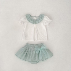 2025 Summer Infant Baby Girls Short Sleeves Color Patchwork Collar Top With Skirt Sets Wholesale