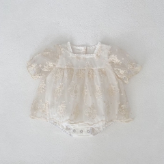 2025 Summer Infant Baby Kids Girls Short Sleeves Floral Pattern Tulle Patchwork Dress Wholesale