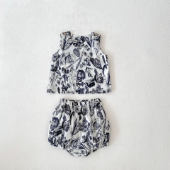 2025 Summer Infant Baby Girls Sleeveless Flowers Pattern Top Vest With Bloomers Sets Wholesale