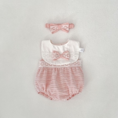 2025 Summer Infant Baby Kids Sleeveless Lace Patchwork Onesies With Color Patchwork Bib and Headband Sets Wholesale