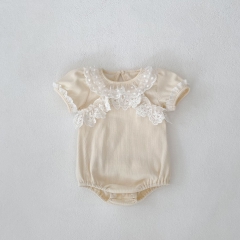 2025 Summer Infant Baby Kids Short Sleeves Lace Patchwork Top With Strap Onesies Sets Wholesale