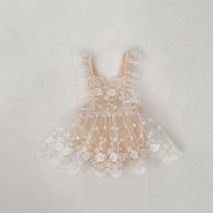 2025 Summer Infant Baby Kids Girls Sleeveless Floral Pattern Tulle Patchwork Dress Wholesale