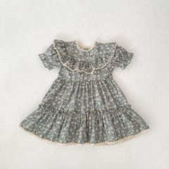 2025 Summer Infant Baby Kids Girls Short Sleeves Lace Trim Floral Grey Dress Wholesale