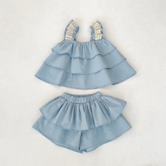 2025 Summer Infant Baby Girls Blue Strap Top Dress With Skirt Sets Wholesale