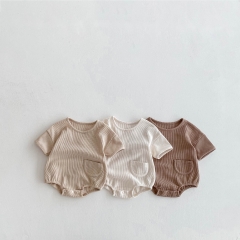 2025 Summer Infant Baby Kids Unisex Waffle Grid Short Sleeves Plain Onesies Wholesale