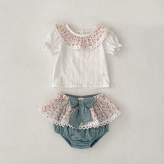 2025 Summer Infant Baby Girls Short Sleeves Dots and Floral Pattern Top Shirt With Bloomers Sets Wholesale