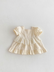 2025 Summer Infant Baby Kids Girls Short Sleeves Square Neck Dress Wholesale