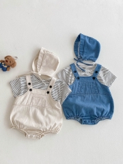 2025 Summer Infant Baby Kids Short Sleeves Striped T-shirt With Denim Onesies Overalls and Hat Sets Wholesale