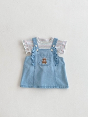 2025 Summer Infant Baby Girls Short Sleeves Striped T-shirt With Denim Dress Sets Wholesale