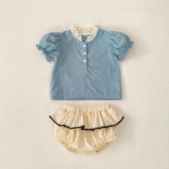 2025 Summer Infant Baby Girls Short Sleeves Dots Pattern Top Shirt With Bloomers Sets Wholesale